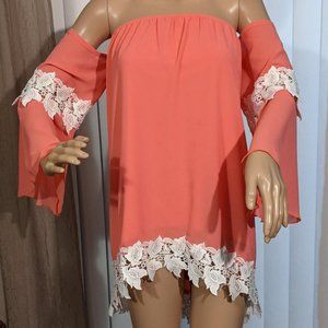 MIIN Peachy Pink Knit Tunic Off Shoulder Bell Lace